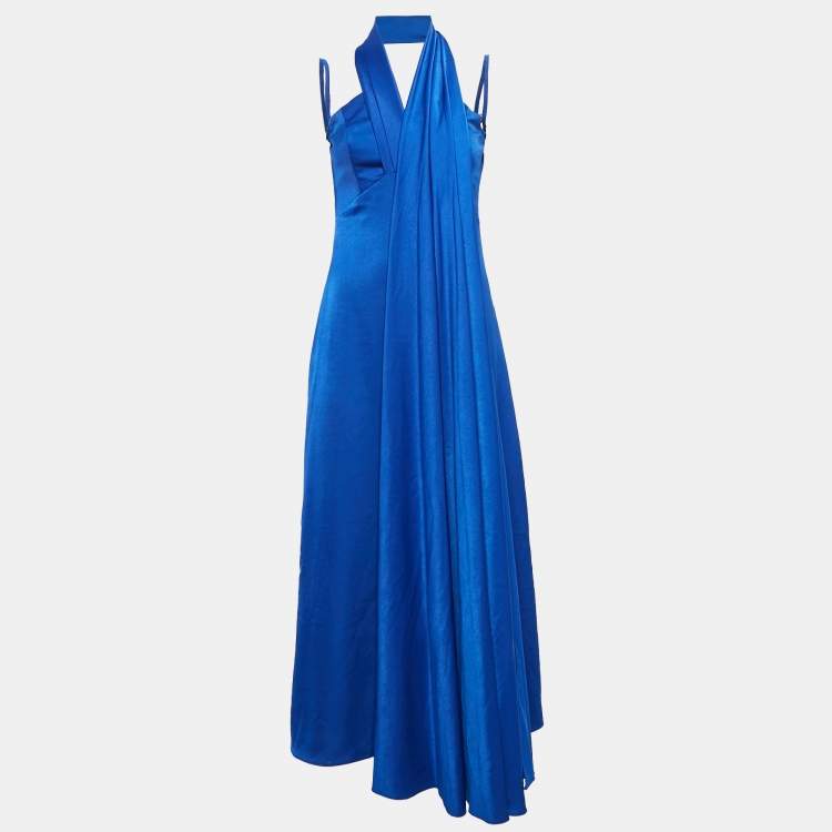 مملوكة مسبقًا Manel Blue Satin Drape Neck Noor Cape and Gown Set S