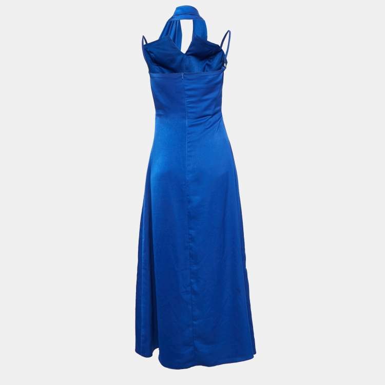 مملوكة مسبقًا Manel Blue Satin Drape Neck Noor Cape and Gown Set S
