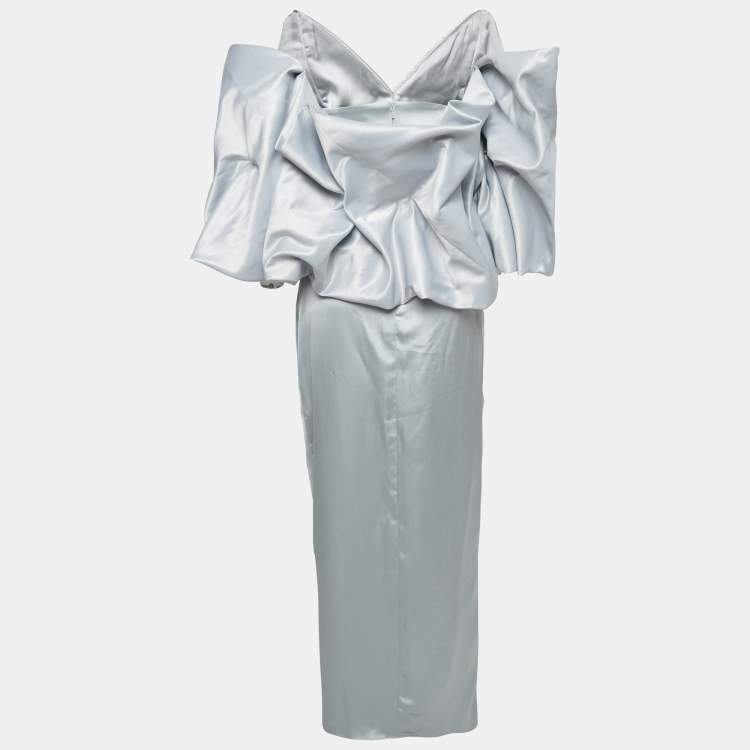 مملوكة مسبقًا Manel Silver Grey Embellished Satin Off-Shoulder Baroque Rania Dress S