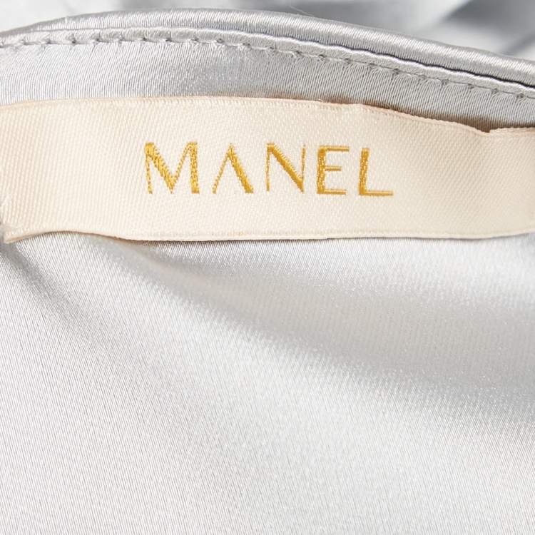 مملوكة مسبقًا Manel Silver Grey Embellished Satin Off-Shoulder Baroque Rania Dress S