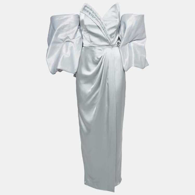 مملوكة مسبقًا Manel Silver Grey Embellished Satin Off-Shoulder Baroque Rania Dress S