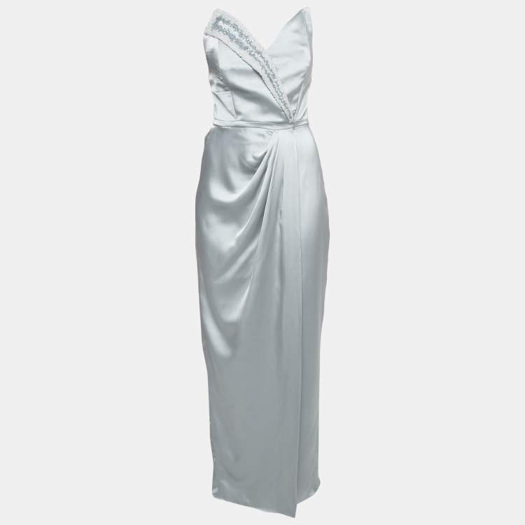 مملوكة مسبقًا Manel Silver Grey Embellished Satin Off-Shoulder Baroque Rania Dress S