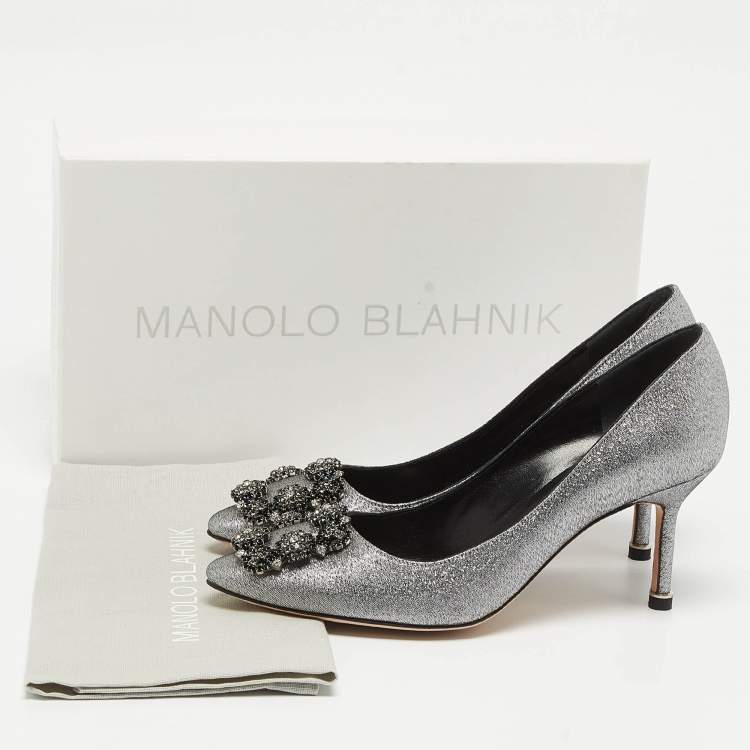 Pre Owned Manolo Blahnik Silver Lurex Fabric Hangisi Pumps Size 36