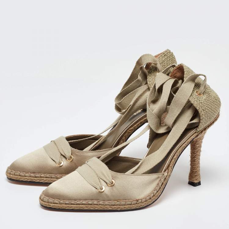 Pre Owned Castaner By Manolo Blahnik Beige Satin and Canvas Espadrille Ankle Tie Pumps Size 38