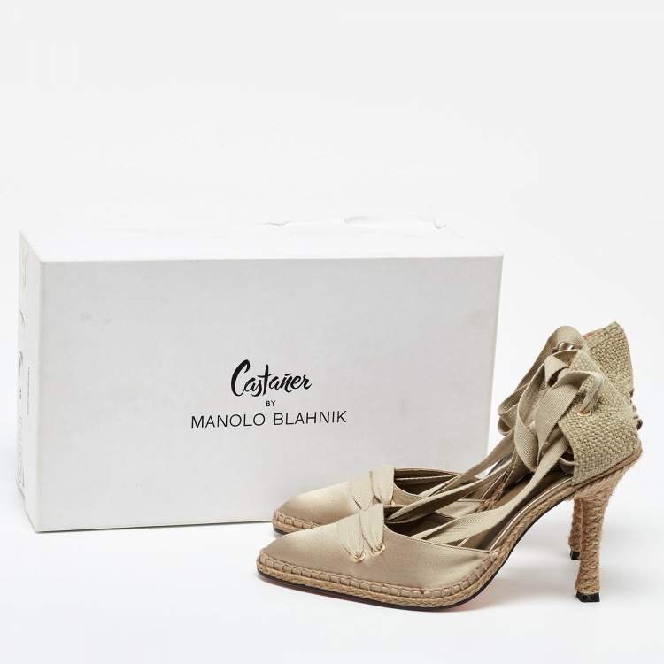 Pre Owned Castaner By Manolo Blahnik Beige Satin and Canvas Espadrille Ankle Tie Pumps Size 38