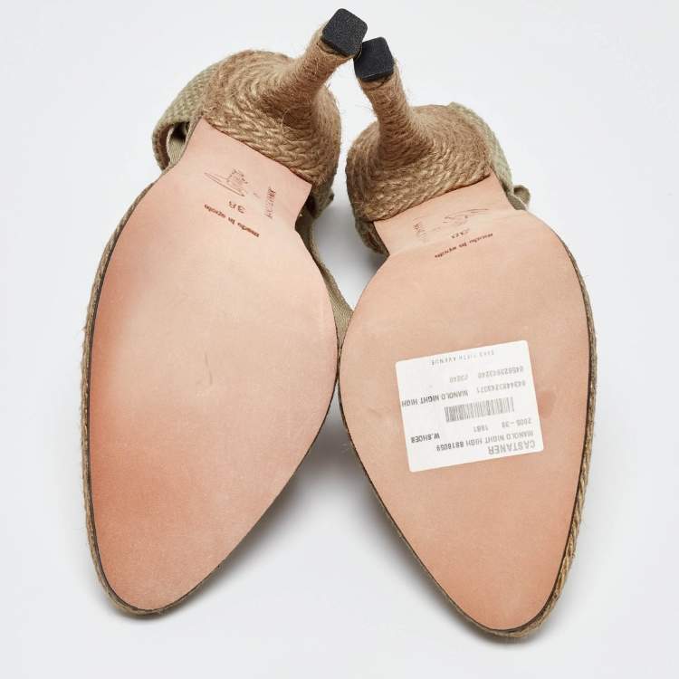 Pre Owned Castaner By Manolo Blahnik Beige Satin and Canvas Espadrille Ankle Tie Pumps Size 38