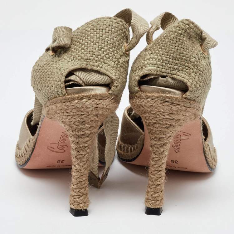 Pre Owned Castaner By Manolo Blahnik Beige Satin and Canvas Espadrille Ankle Tie Pumps Size 38