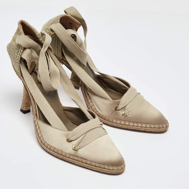 Pre Owned Castaner By Manolo Blahnik Beige Satin and Canvas Espadrille Ankle Tie Pumps Size 38
