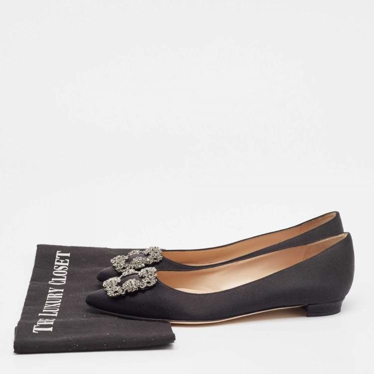 Pre Owned Manolo Blahnik Black Satin Hangisi Ballet Flats Size 38
