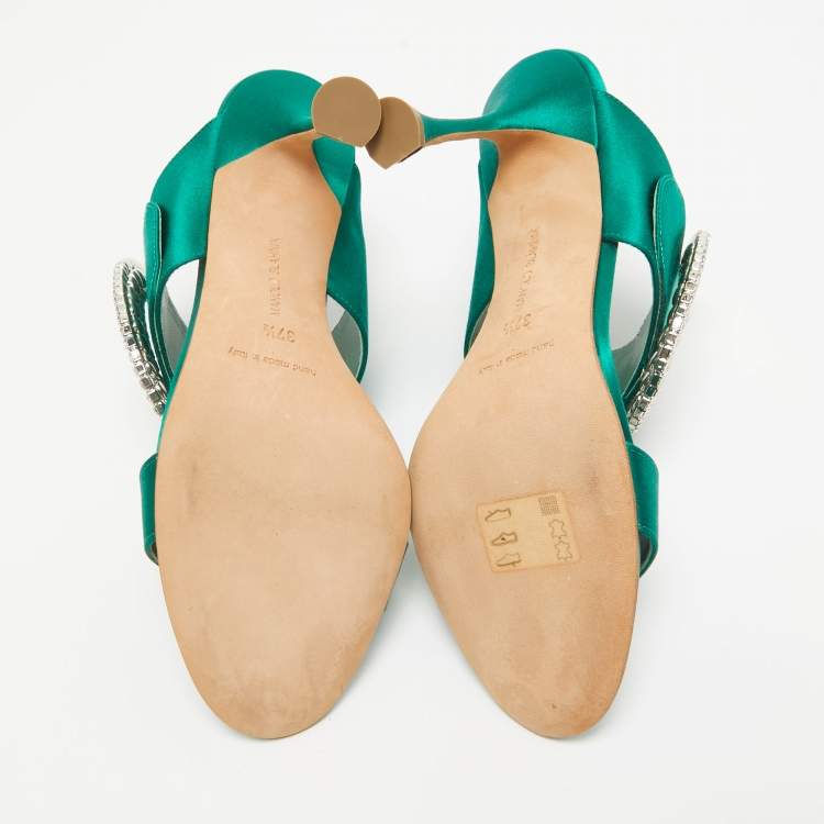 Pre Owned Manolo Blahnik Green Satin Fibiona Slide Sandals Size 37.5