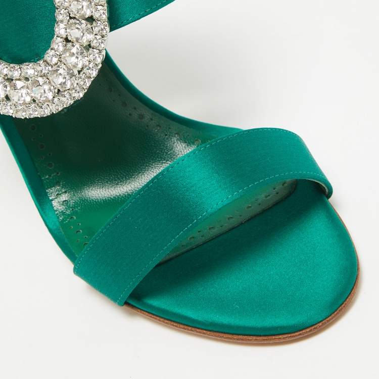 Pre Owned Manolo Blahnik Green Satin Fibiona Slide Sandals Size 37.5
