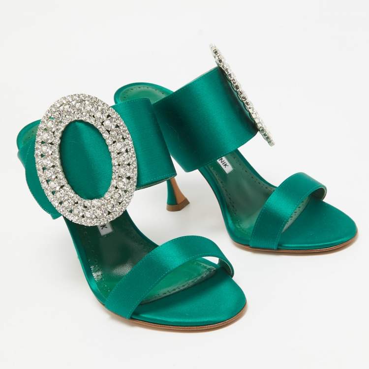 Pre Owned Manolo Blahnik Green Satin Fibiona Slide Sandals Size 37.5