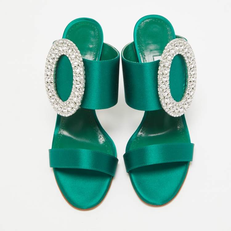 Pre Owned Manolo Blahnik Green Satin Fibiona Slide Sandals Size 37.5