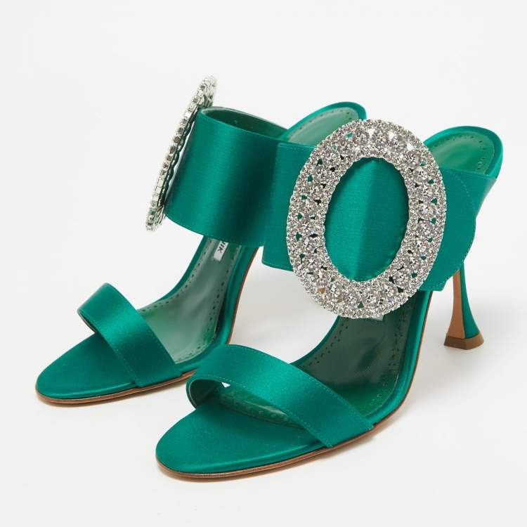 Pre Owned Manolo Blahnik Green Satin Fibiona Slide Sandals Size 37.5