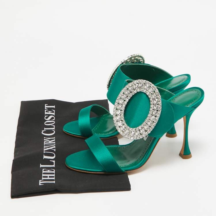 Pre Owned Manolo Blahnik Green Satin Fibiona Slide Sandals Size 37.5