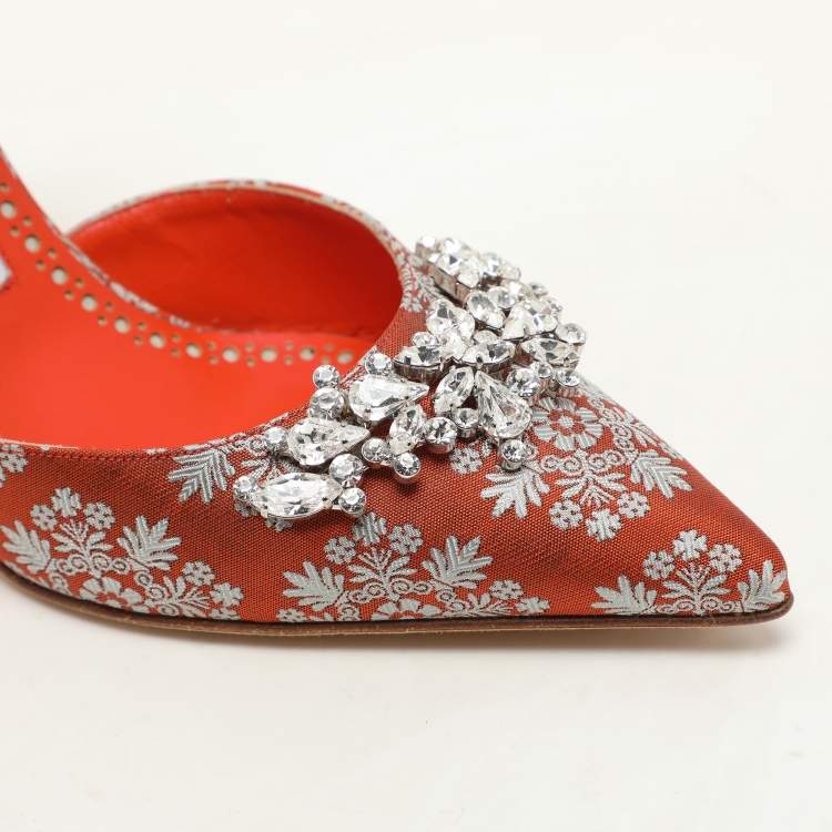 Pre Owned Manolo Blahnik Orange Floral Jacquard Lurum Pointed Toe Mules Size 37