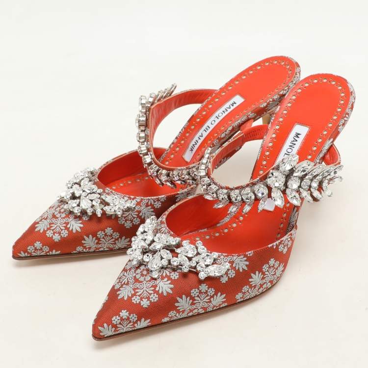 Pre Owned Manolo Blahnik Orange Floral Jacquard Lurum Pointed Toe Mules Size 37