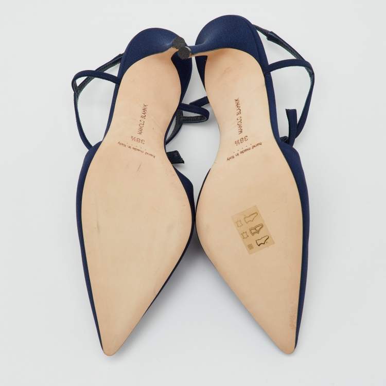 Pre Owned Manolo Blahnik Navy Blue Fabric Corintia Bow Pointed Toe Slingback Mules Size 38.5