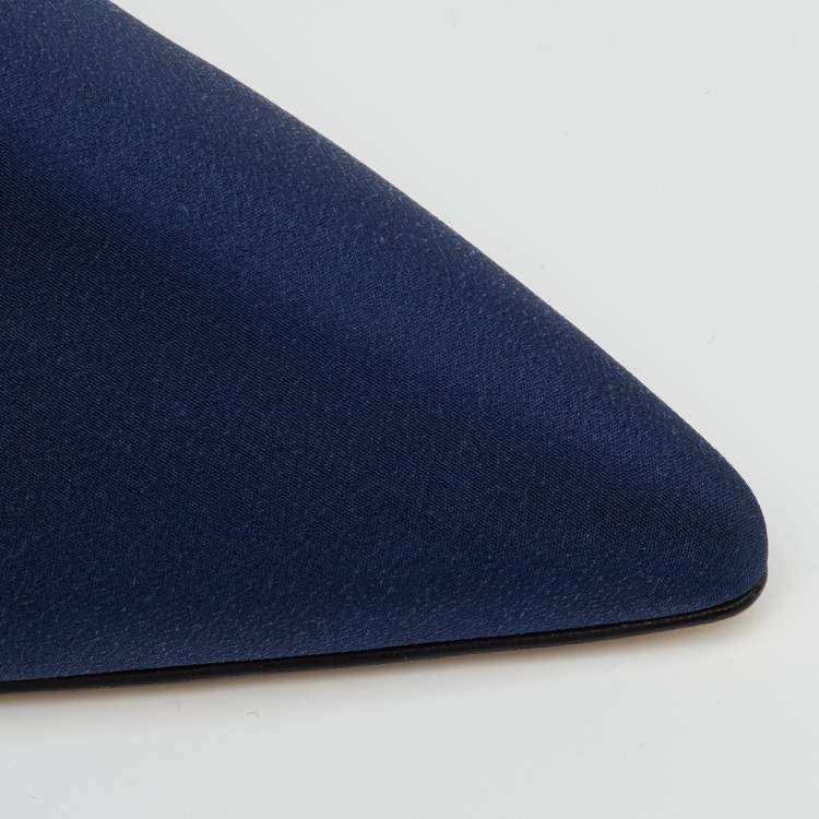 Pre Owned Manolo Blahnik Navy Blue Fabric Corintia Bow Pointed Toe Slingback Mules Size 38.5