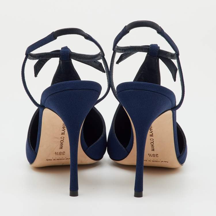 Pre Owned Manolo Blahnik Navy Blue Fabric Corintia Bow Pointed Toe Slingback Mules Size 38.5