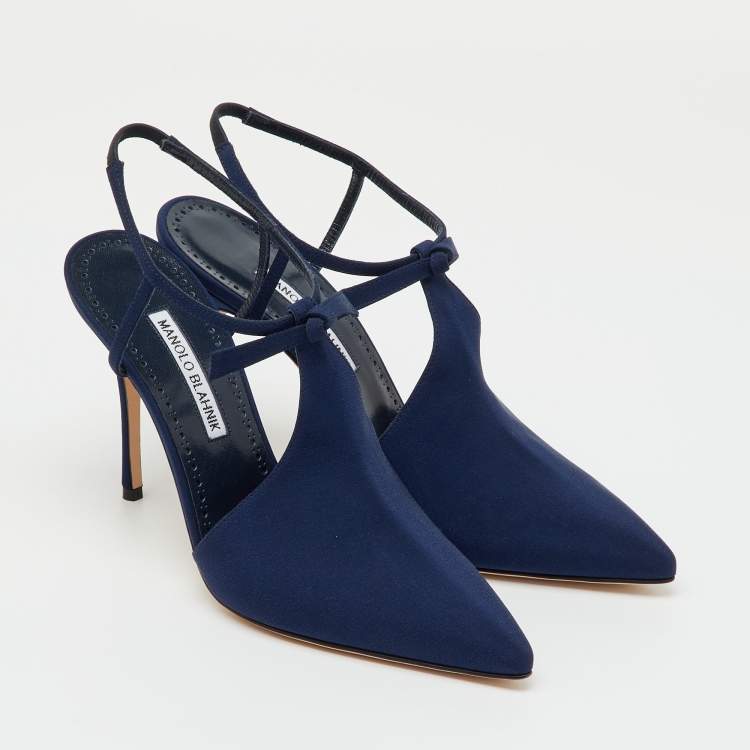 Pre Owned Manolo Blahnik Navy Blue Fabric Corintia Bow Pointed Toe Slingback Mules Size 38.5