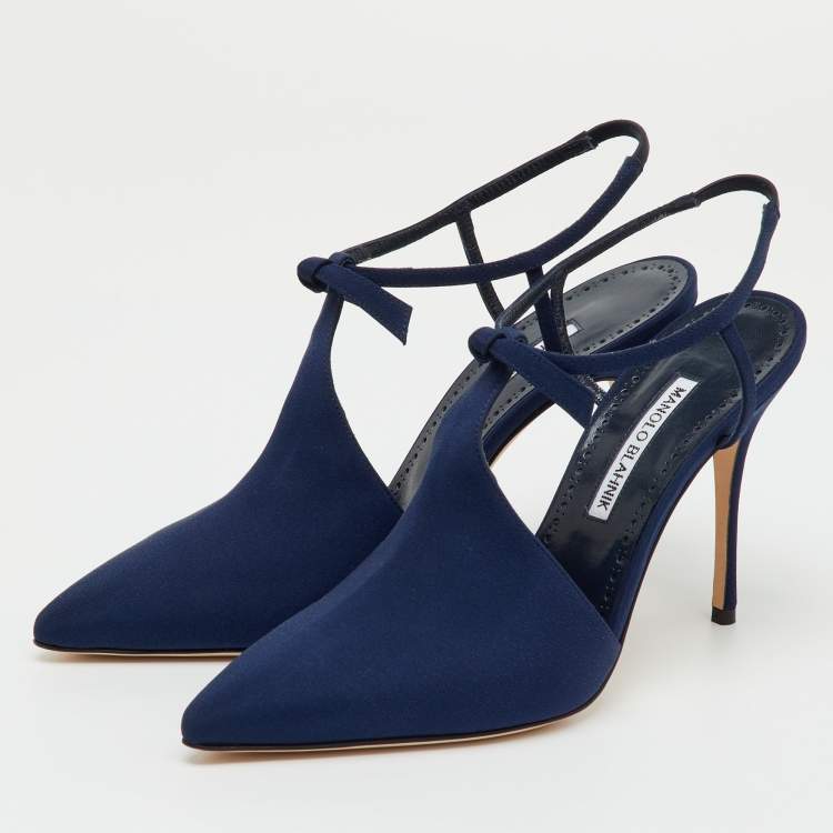 Pre Owned Manolo Blahnik Navy Blue Fabric Corintia Bow Pointed Toe Slingback Mules Size 38.5