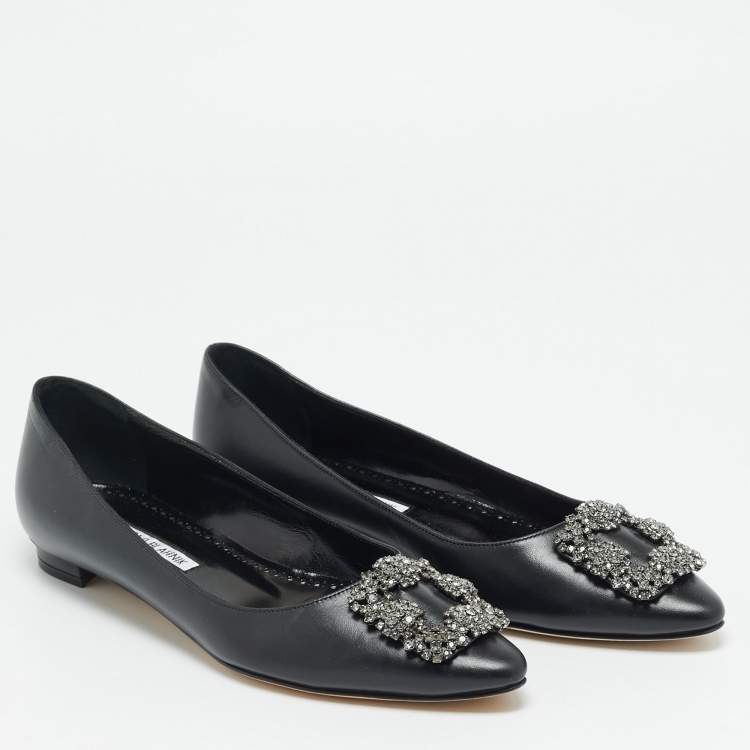 Pre Owned Manolo Blahnik Hangisi Size 37.5 Black Leather Ballet Flats