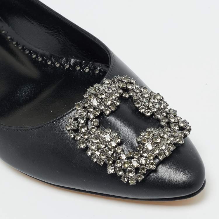 Pre Owned Manolo Blahnik Hangisi Size 37.5 Black Leather Ballet Flats