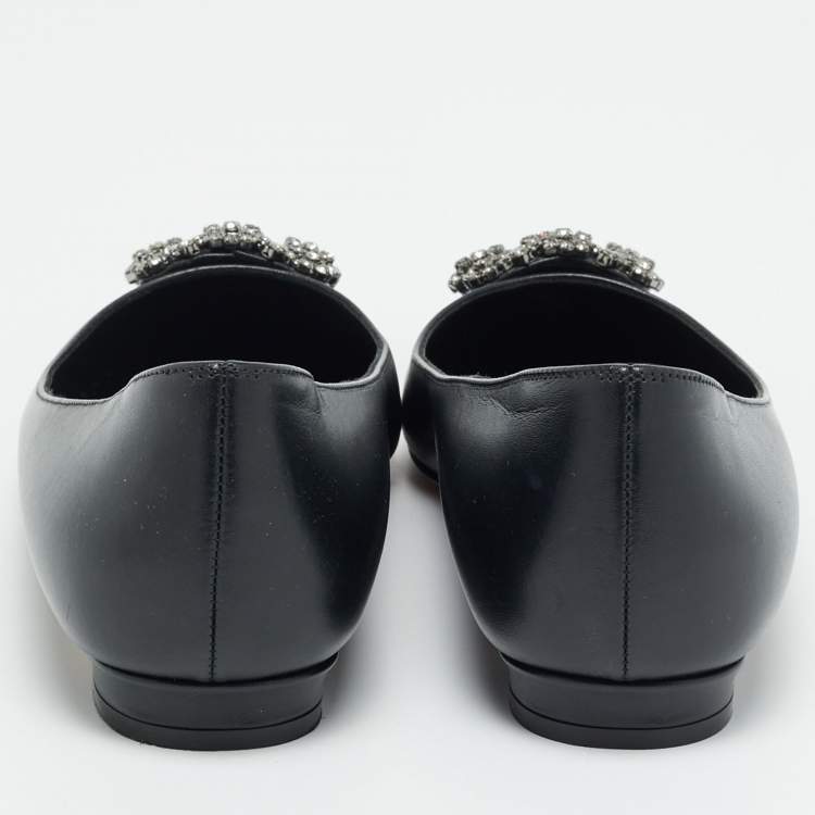 Pre Owned Manolo Blahnik Hangisi Size 37.5 Black Leather Ballet Flats