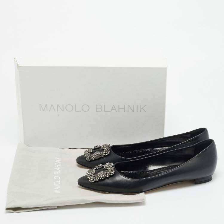 Pre Owned Manolo Blahnik Hangisi Size 37.5 Black Leather Ballet Flats