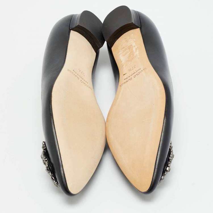 Pre Owned Manolo Blahnik Hangisi Size 37.5 Black Leather Ballet Flats