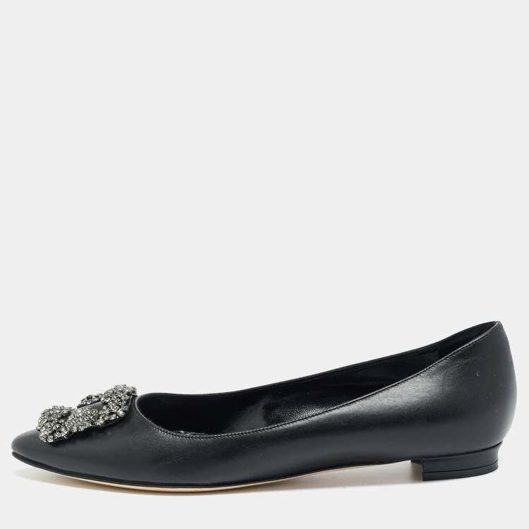 Pre Owned Manolo Blahnik Hangisi Size 37.5 Black Leather Ballet Flats