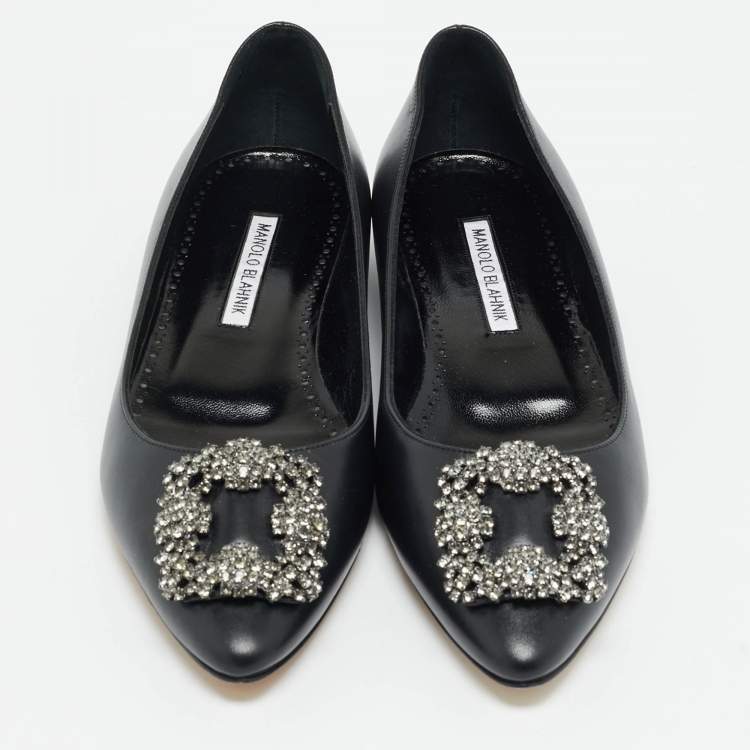 Pre Owned Manolo Blahnik Hangisi Size 37.5 Black Leather Ballet Flats
