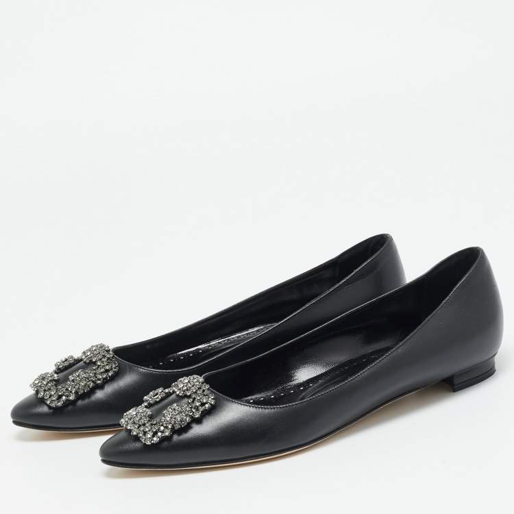 Pre Owned Manolo Blahnik Hangisi Size 37.5 Black Leather Ballet Flats