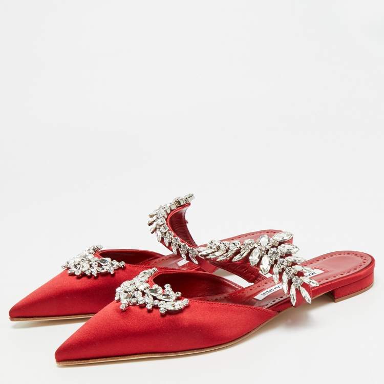 Pre Owned Manolo Blahnik Lurum Size 36 Dark Red Satin Flat Mules
