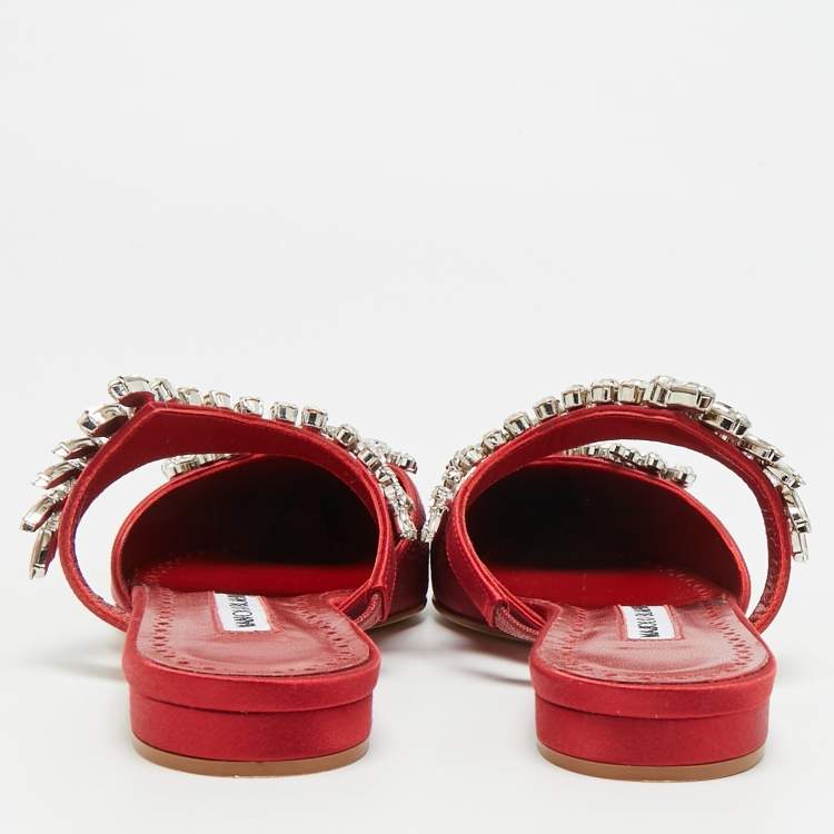 Pre Owned Manolo Blahnik Lurum Size 36 Dark Red Satin Flat Mules
