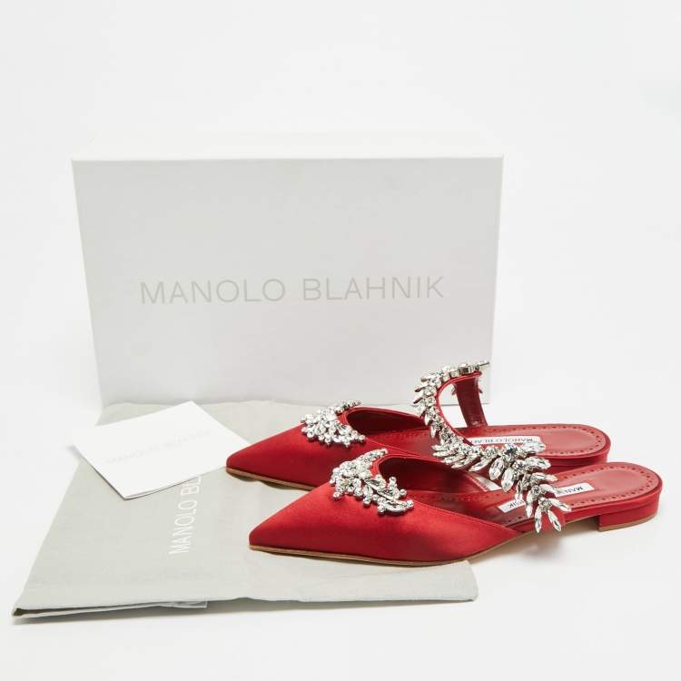 Pre Owned Manolo Blahnik Lurum Size 36 Dark Red Satin Flat Mules