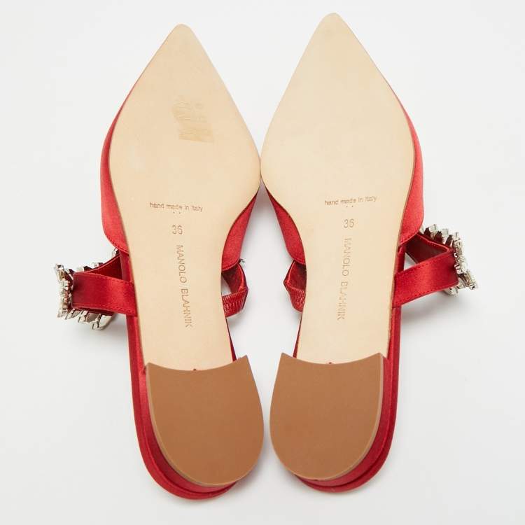 Pre Owned Manolo Blahnik Lurum Size 36 Dark Red Satin Flat Mules