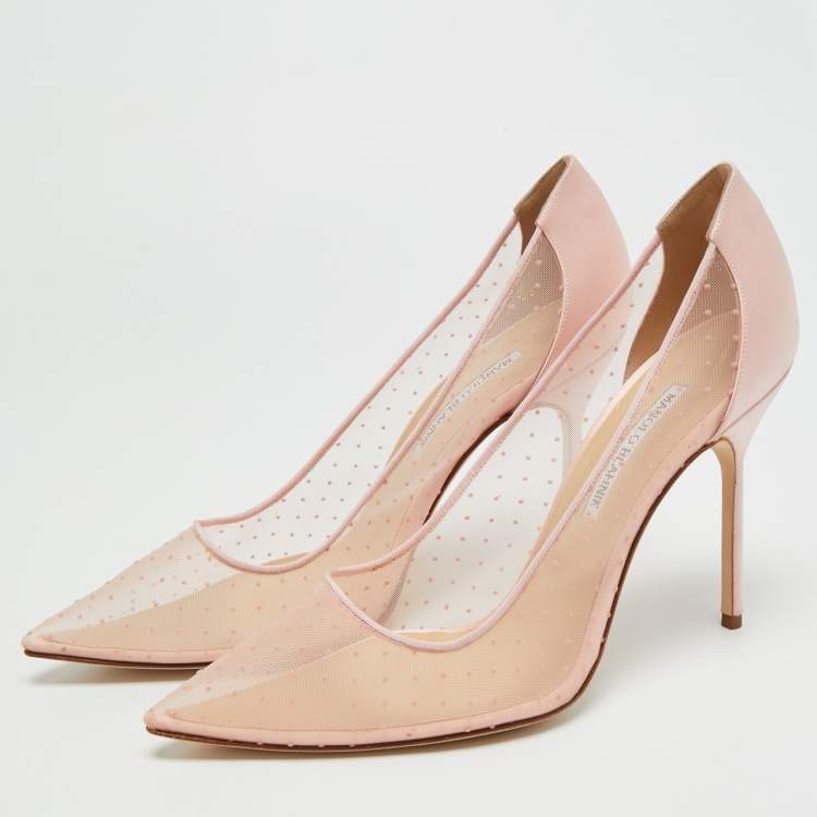 Pre Owned Manolo Blahnik Bbla Size 41 Pink Polka Dot Mesh and Satin Pumps