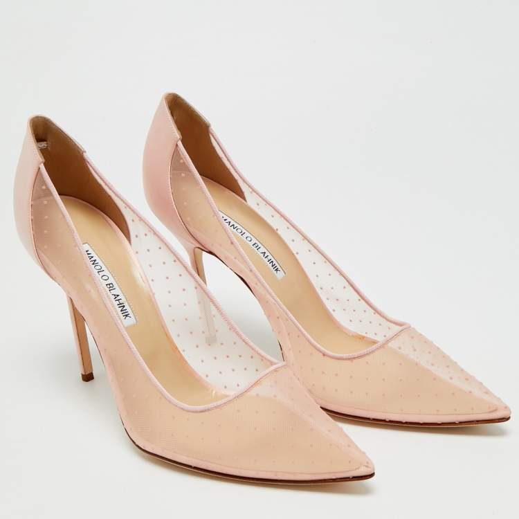 Pre Owned Manolo Blahnik Bbla Size 41 Pink Polka Dot Mesh and Satin Pumps