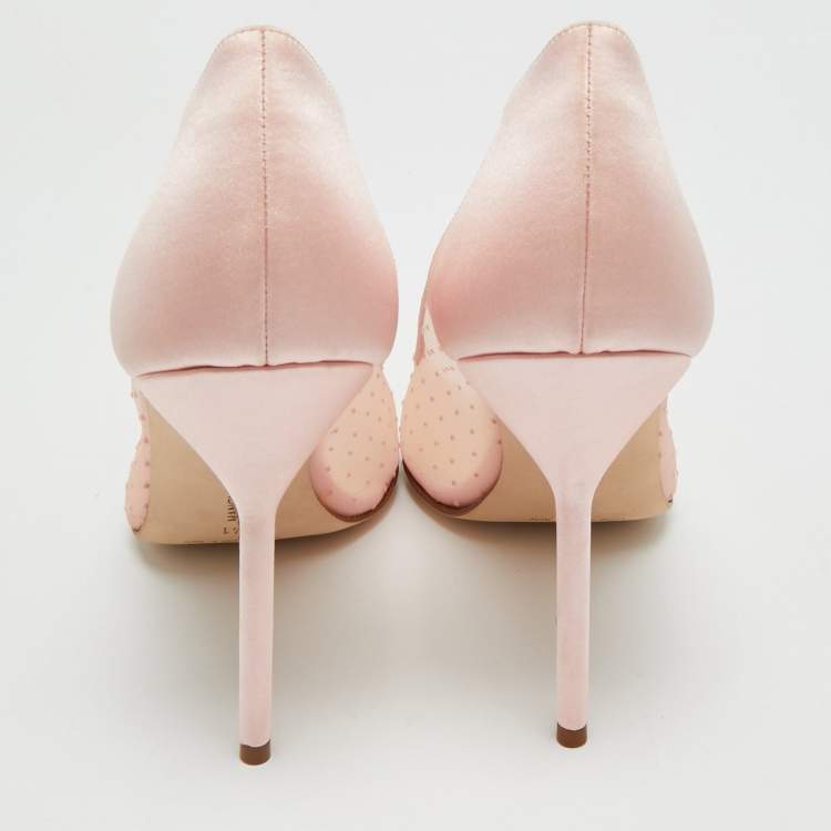Pre Owned Manolo Blahnik Bbla Size 41 Pink Polka Dot Mesh and Satin Pumps