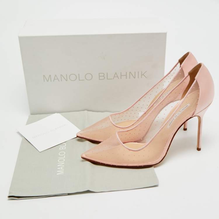 Pre Owned Manolo Blahnik Bbla Size 41 Pink Polka Dot Mesh and Satin Pumps