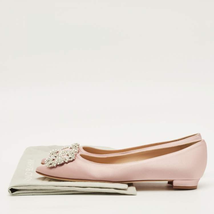Pre Owned Manolo Blahnik Hangisi Size 38 Pink Satin Crystal Embellished Ballet Flats
