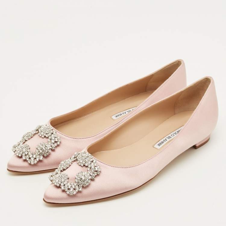 Pre Owned Manolo Blahnik Hangisi Size 38 Pink Satin Crystal Embellished Ballet Flats