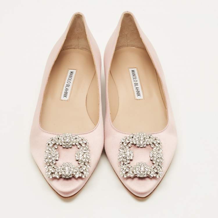 Pre Owned Manolo Blahnik Hangisi Size 38 Pink Satin Crystal Embellished Ballet Flats