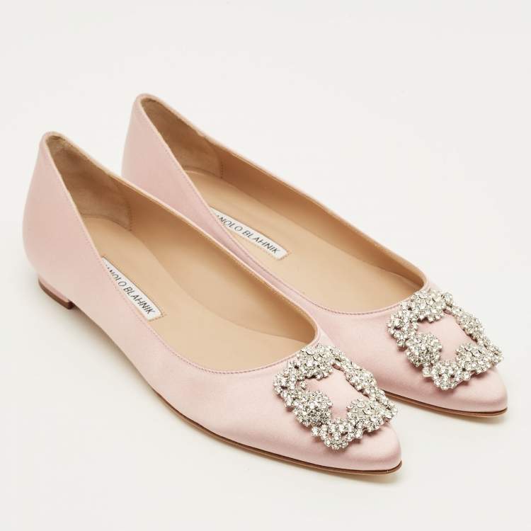 Pre Owned Manolo Blahnik Hangisi Size 38 Pink Satin Crystal Embellished Ballet Flats