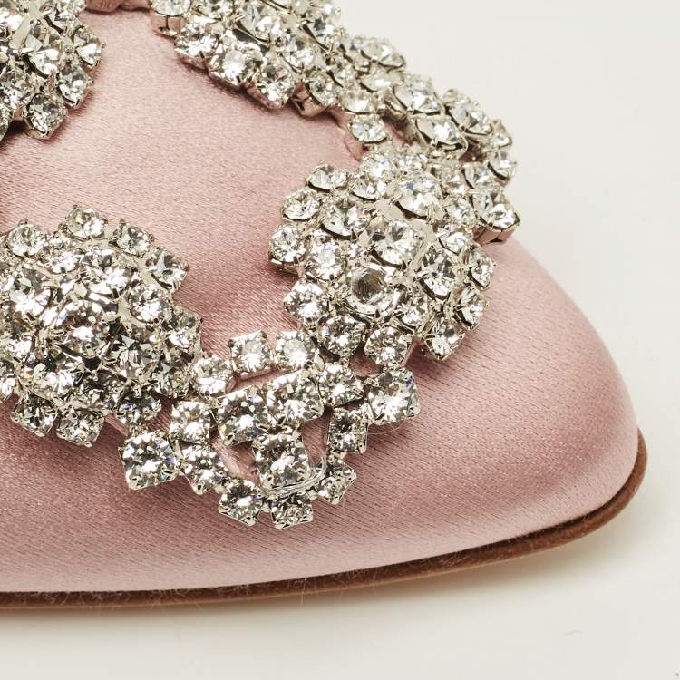 Pre Owned Manolo Blahnik Hangisi Size 38 Pink Satin Crystal Embellished Ballet Flats