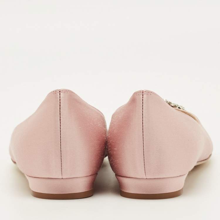 Pre Owned Manolo Blahnik Hangisi Size 38 Pink Satin Crystal Embellished Ballet Flats