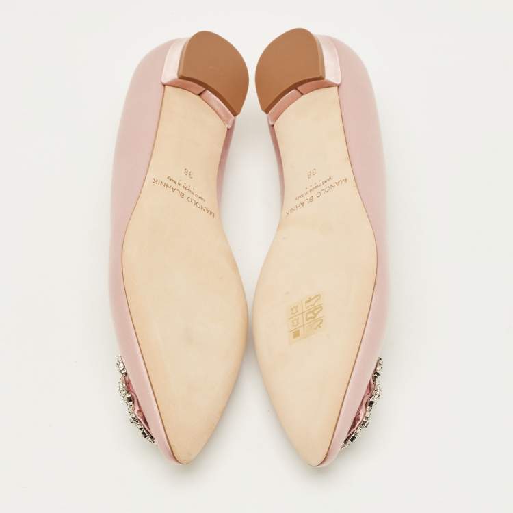 Pre Owned Manolo Blahnik Hangisi Size 38 Pink Satin Crystal Embellished Ballet Flats