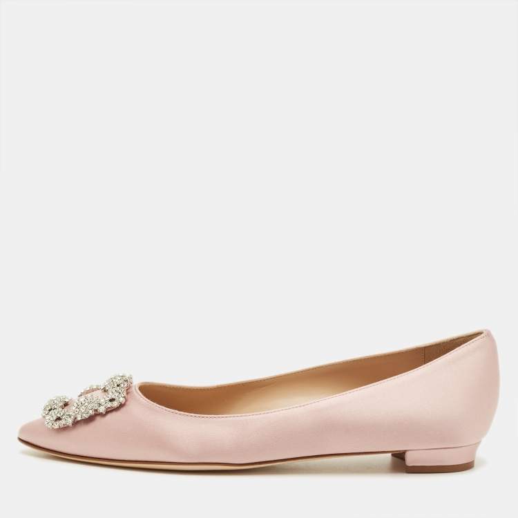 Pre Owned Manolo Blahnik Hangisi Size 38 Pink Satin Crystal Embellished Ballet Flats